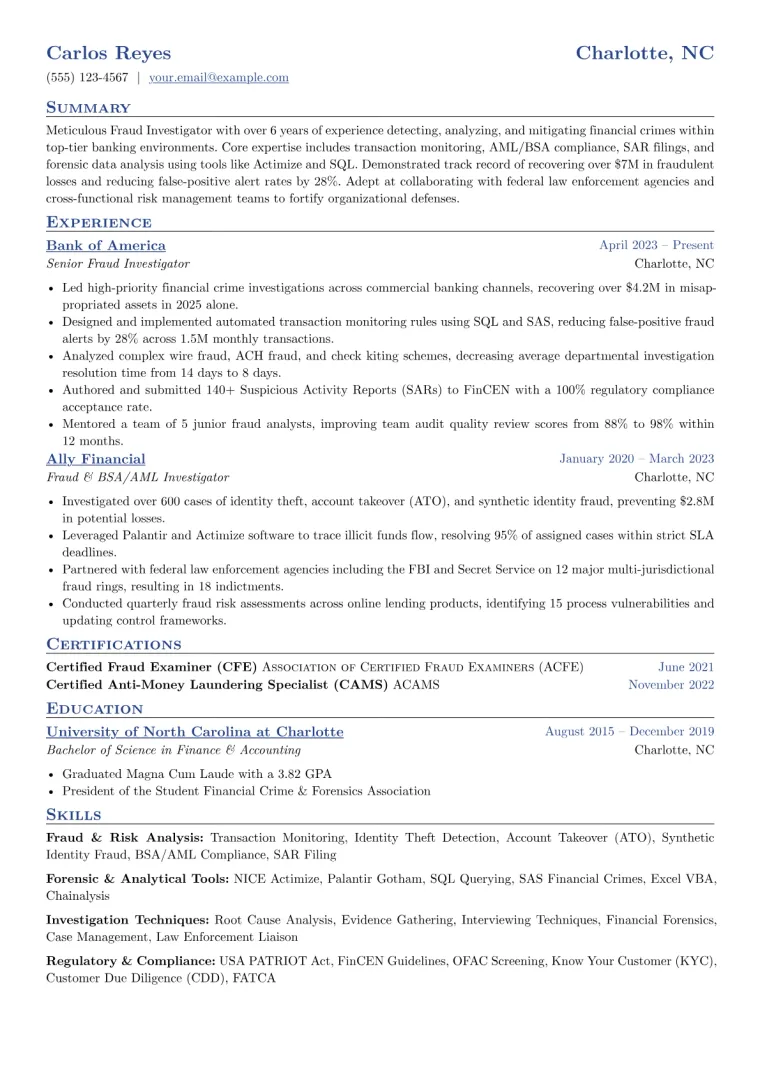 Fraud Investigator Resume Example CV template preview