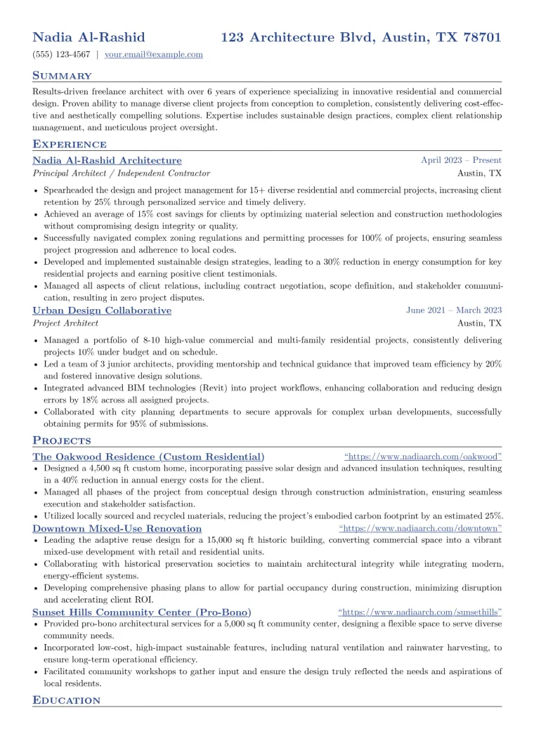 Freelance Architect Resume Example CV template preview