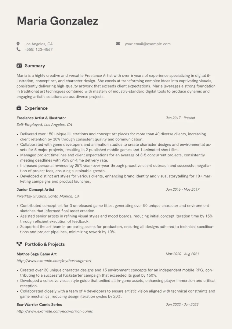 Freelance Artist Resume Example CV template preview