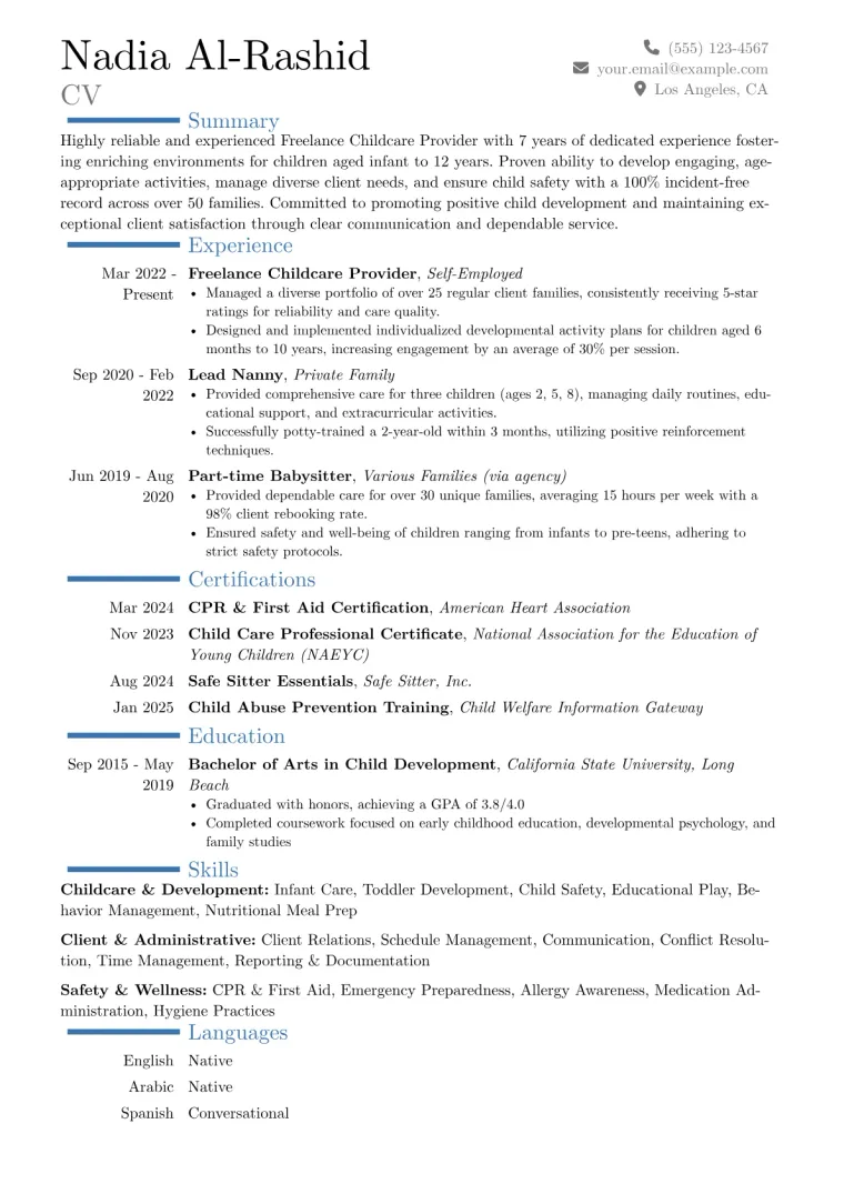 Freelance Babysitter Resume Example CV template preview