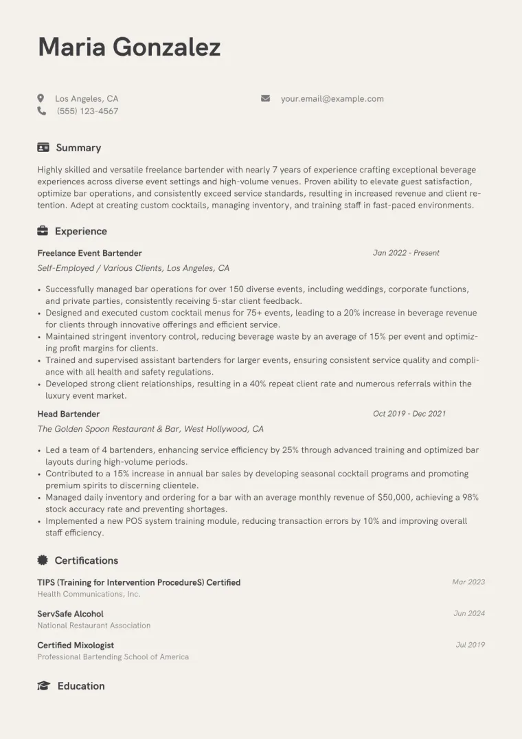 Freelance Bartender Resume Example preview
