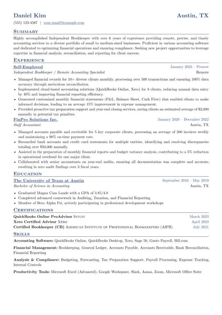 Freelance Bookkeeper Resume Example CV template preview