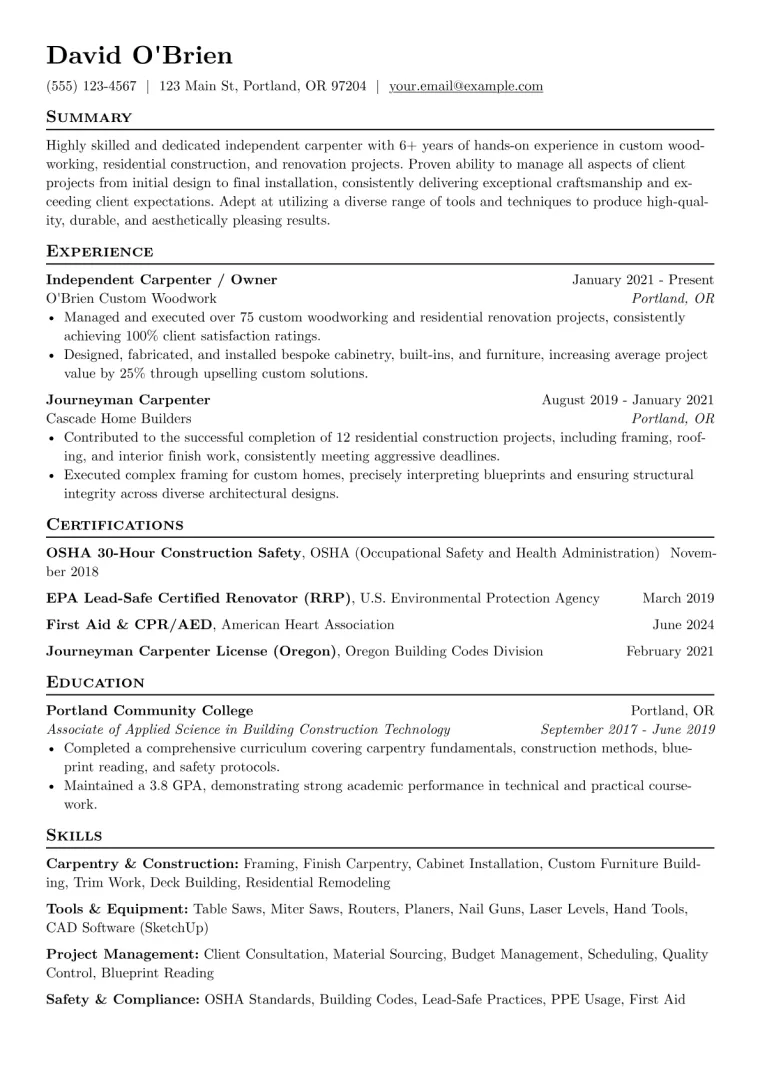Freelance Carpenter Resume Example CV template preview