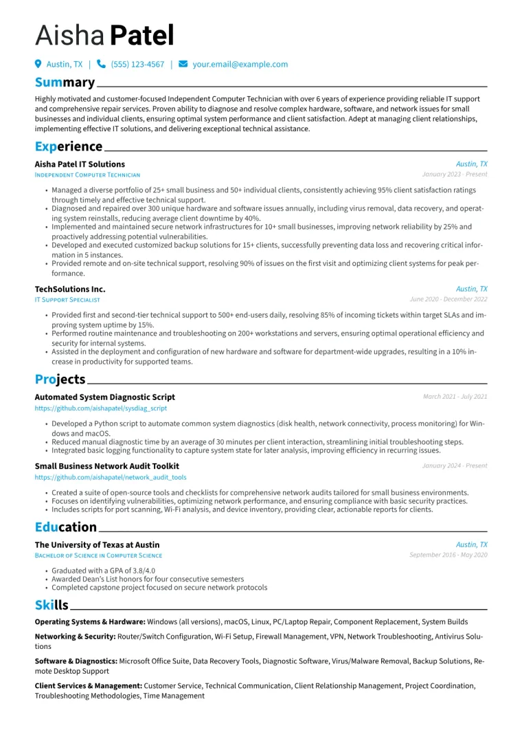 Freelance Computer Technician Resume Example CV template preview