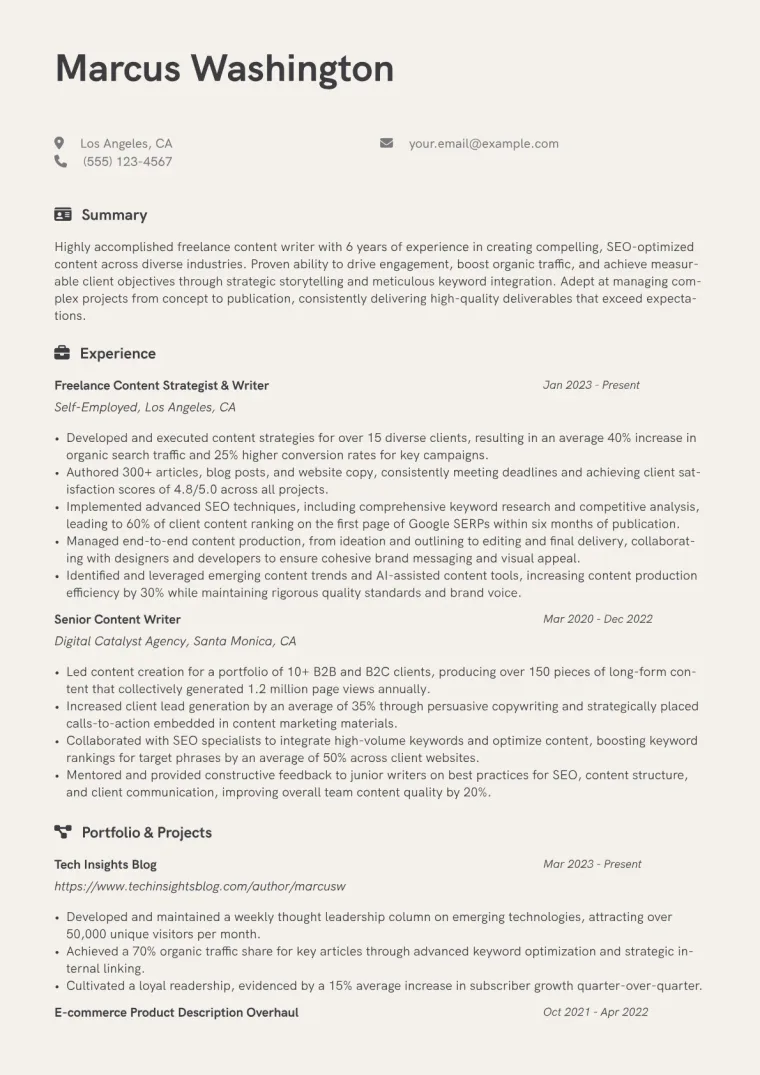 Freelance Content Writer Resume Example CV template preview