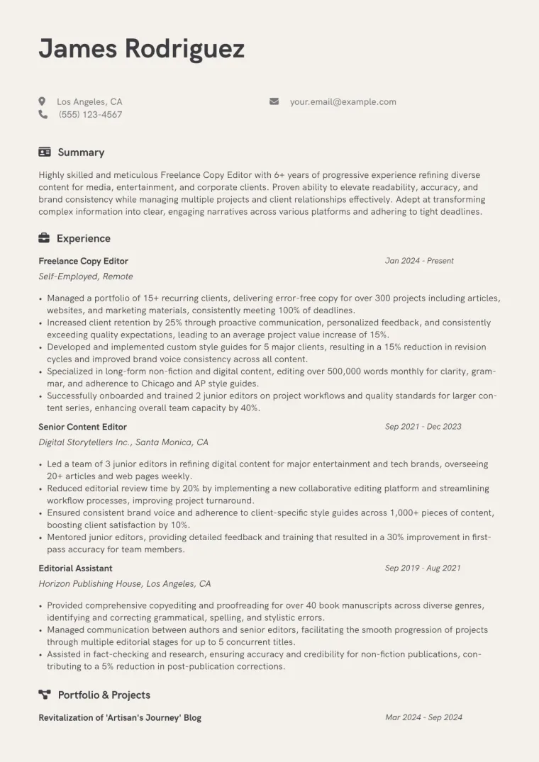 Freelance Copy Editor Resume Example CV template preview