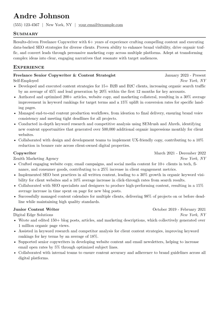 Freelance Copywriter Resume Example CV template preview