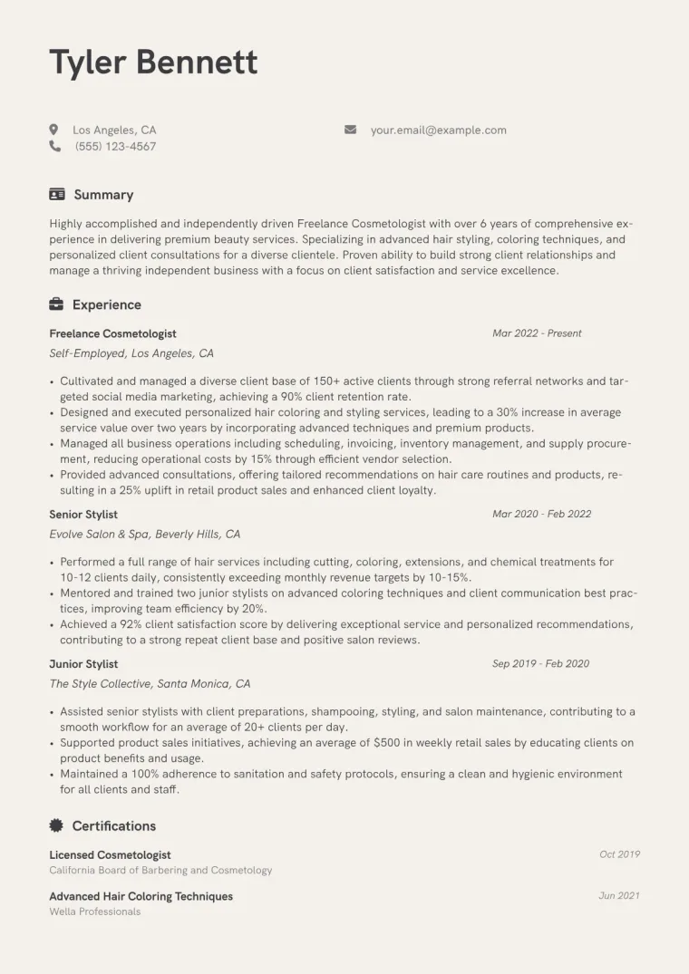 Freelance Cosmetologist Resume Example CV template preview