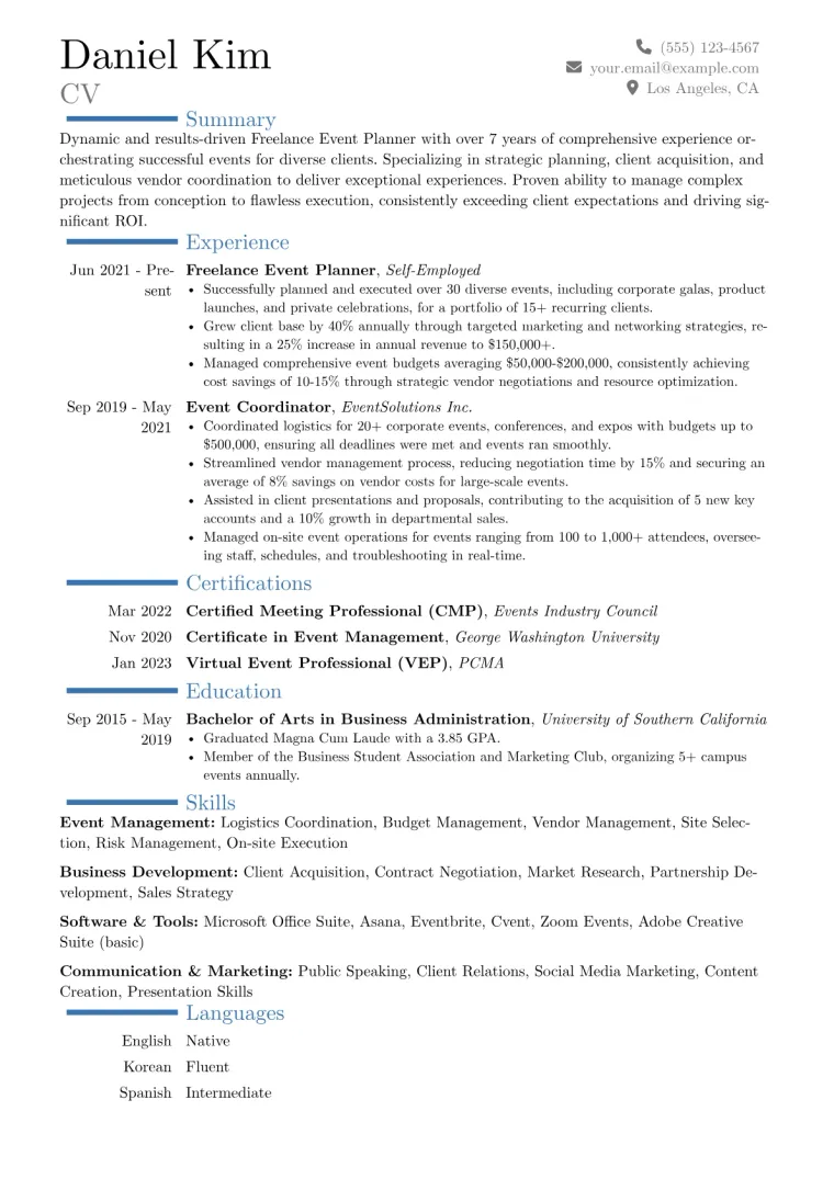 Freelance Event Planner Resume Example CV template preview