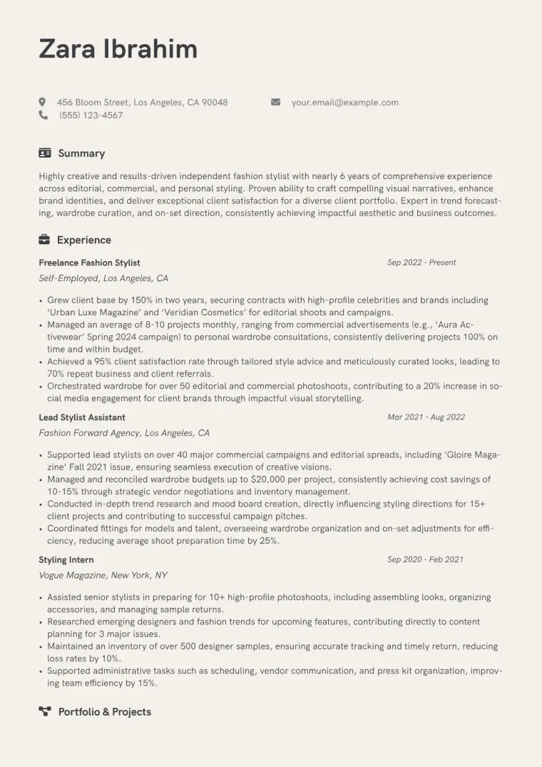 Freelance Fashion Stylist Resume Example CV template preview