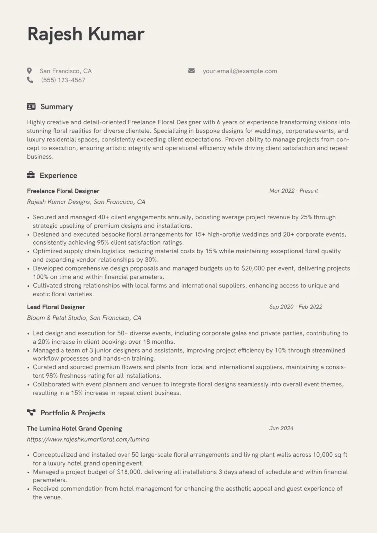 Freelance Floral Designer Resume Example CV template preview