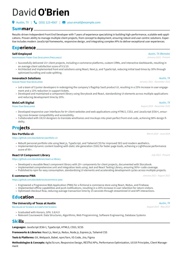 Freelance Front End Developer Resume Example preview