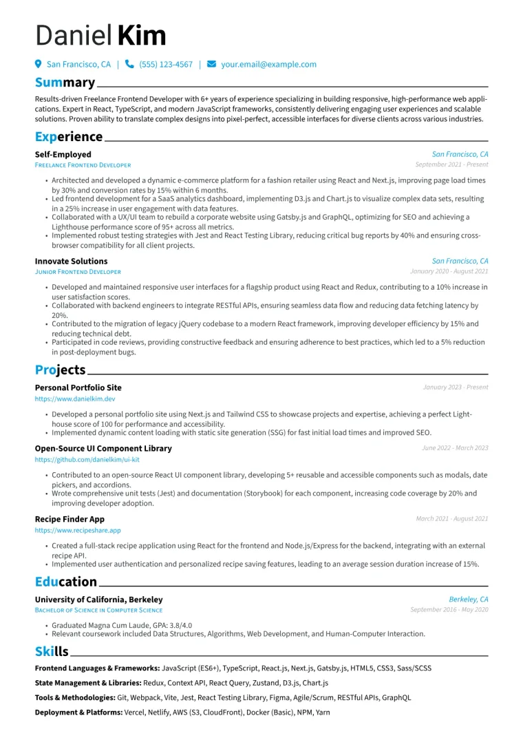 Freelance Frontend Developer Resume Example preview