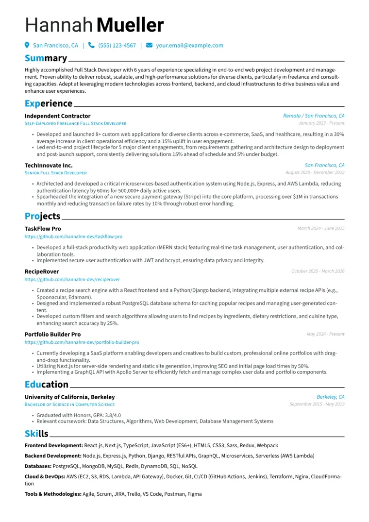 Freelance Full Stack Developer Resume Example CV template preview