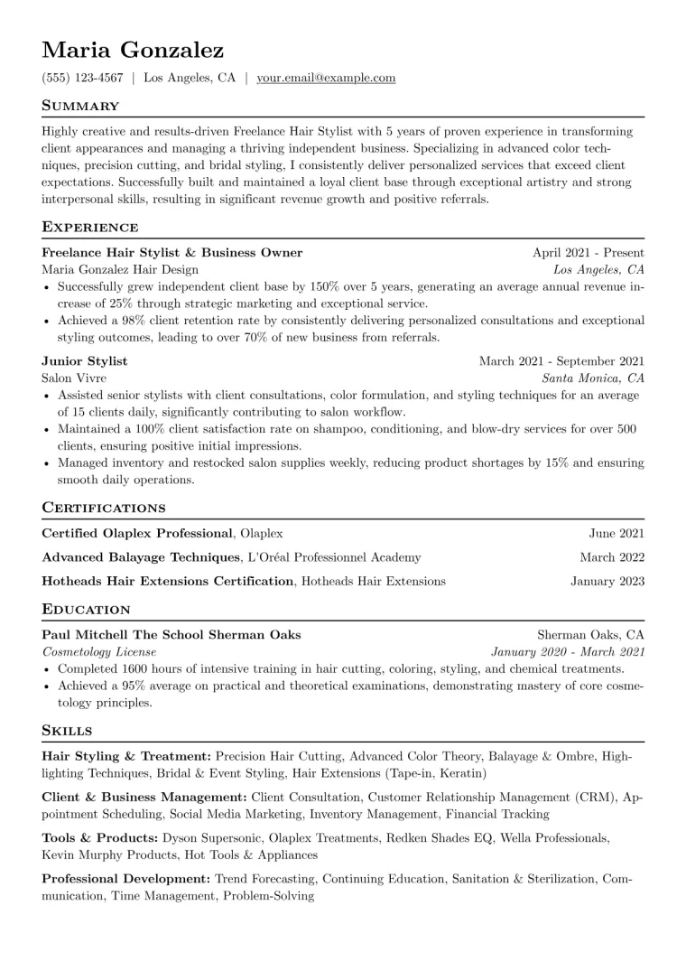 Freelance Hair Stylist Resume Example CV template preview