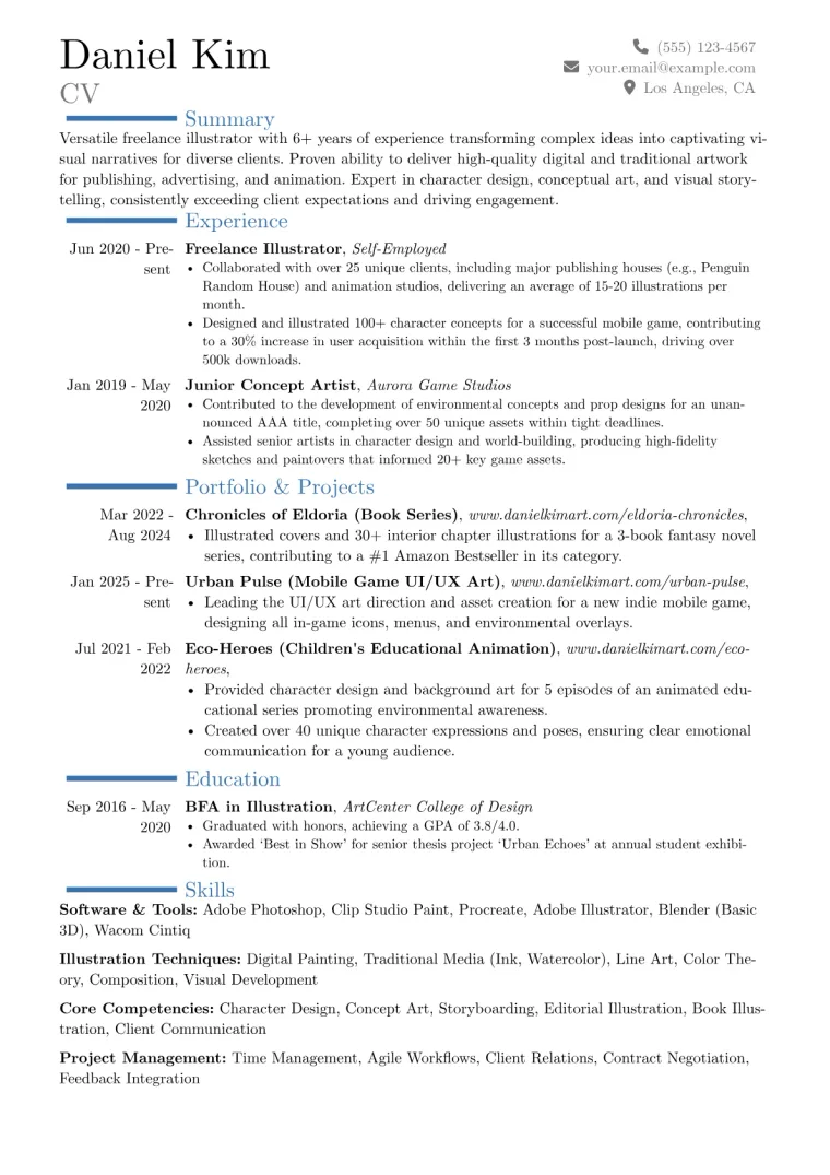 Freelance Illustrator Resume Example CV template preview