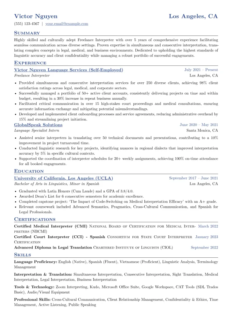 Freelance Interpreter Resume Example CV template preview