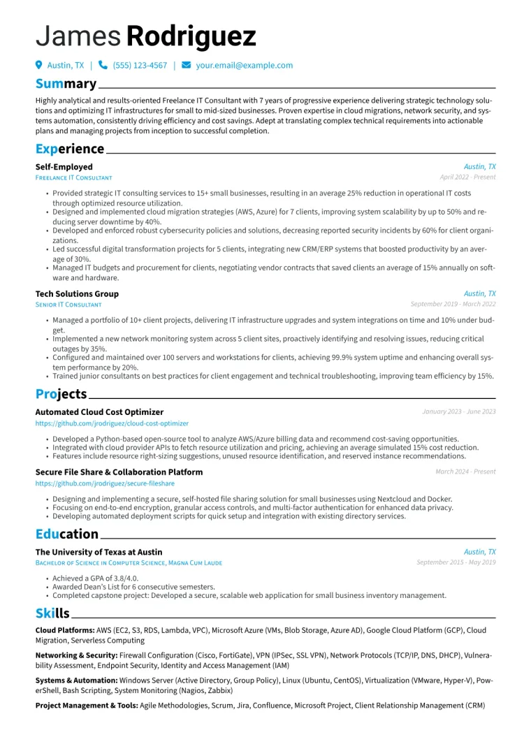 Freelance IT Consultant Resume Example CV template preview