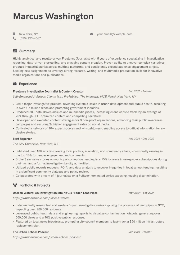 Freelance Journalist Resume Example preview