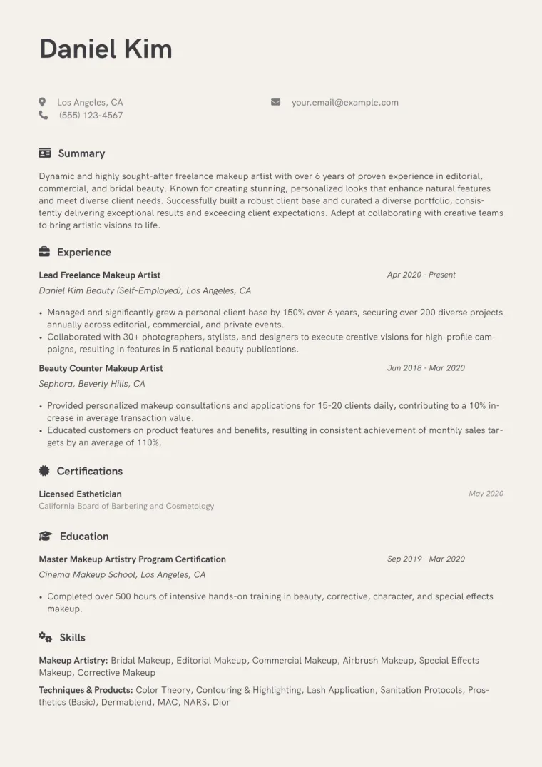 Freelance Makeup Artist Resume Example CV template preview