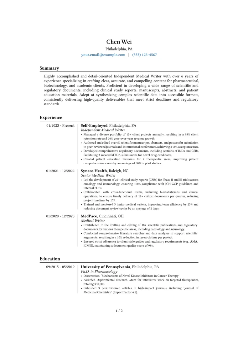 Freelance Medical Writer Resume Example CV template preview