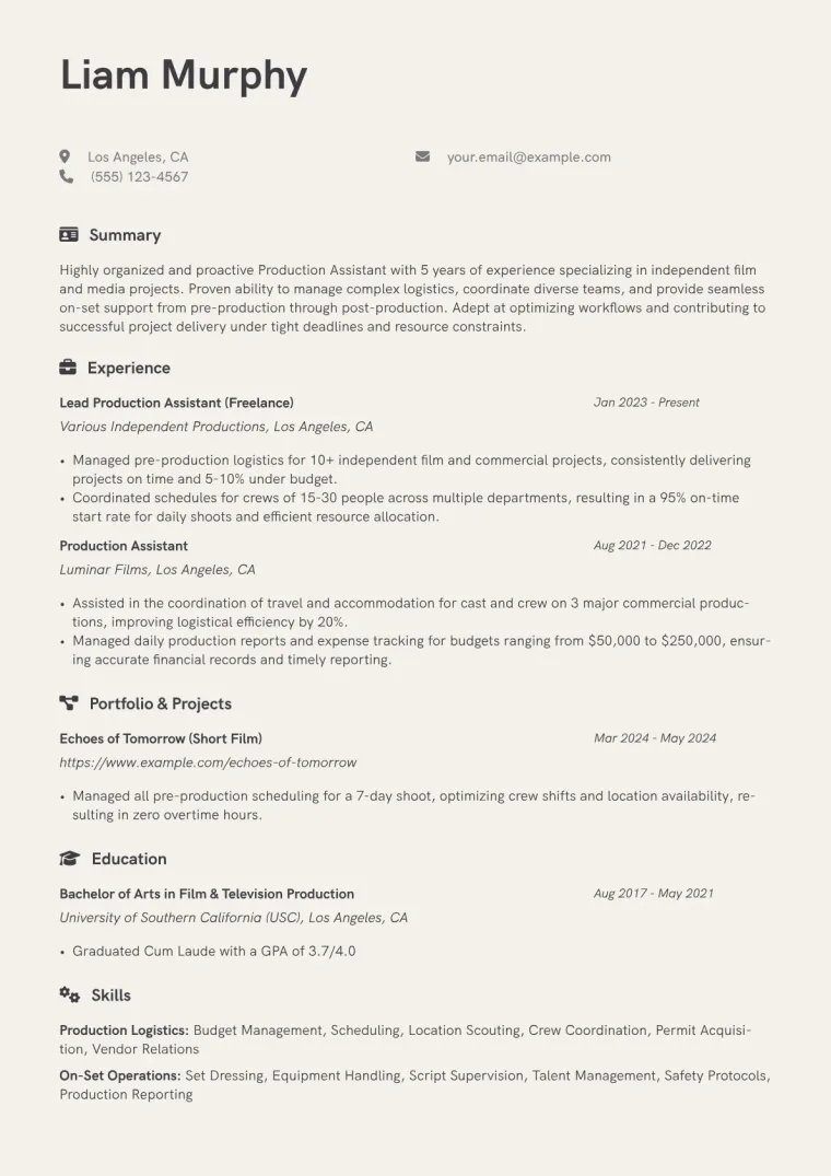Freelance Production Assistant Resume Example CV template preview