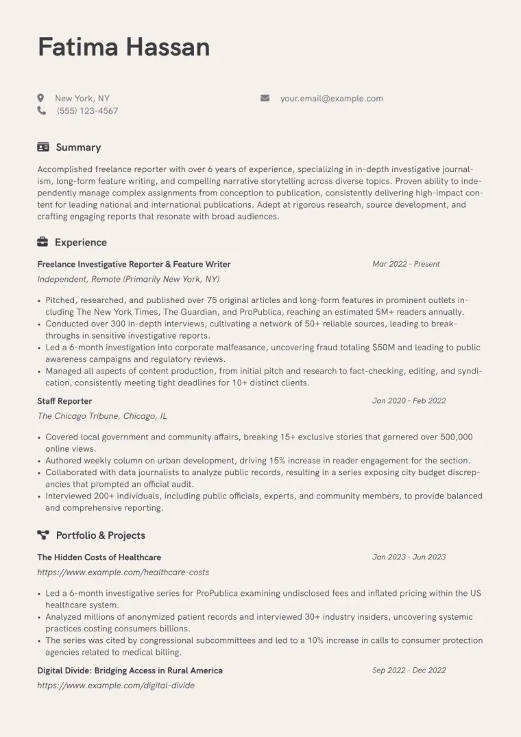 Freelance Reporter Resume Example CV template preview
