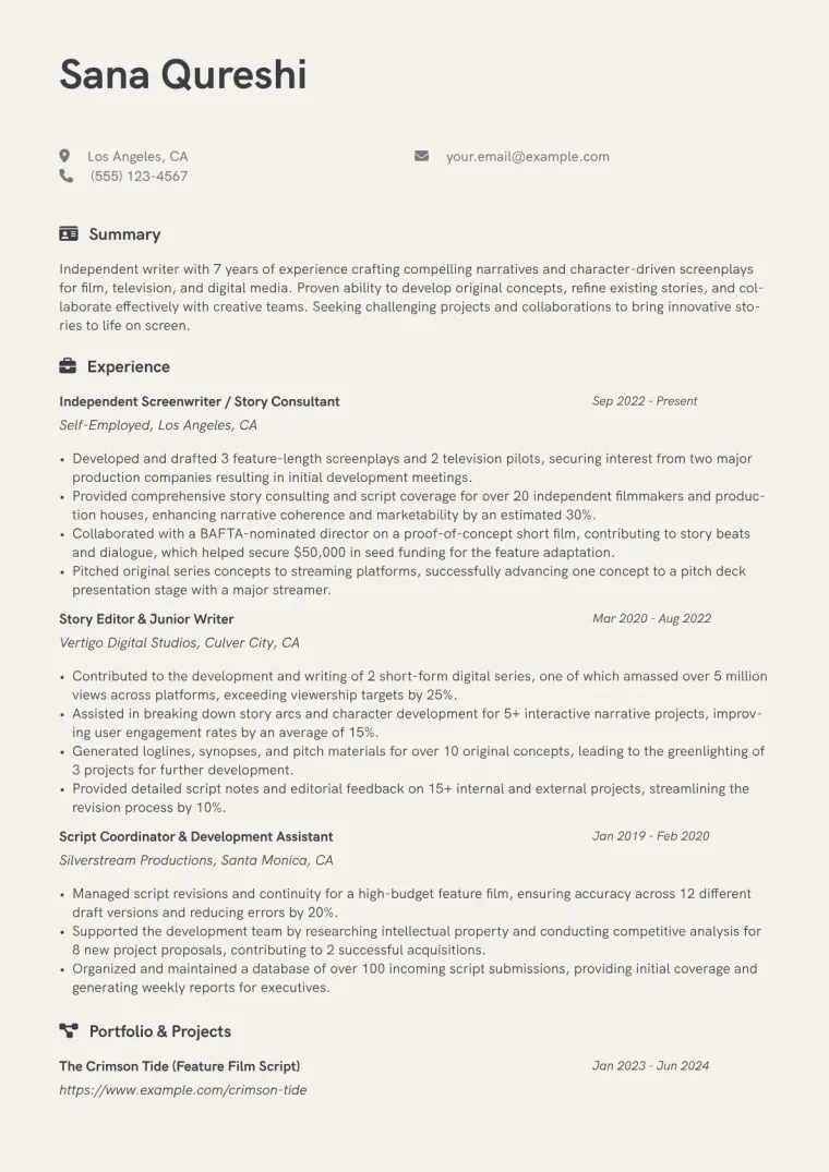 Freelance Screenwriter Resume Example CV template preview