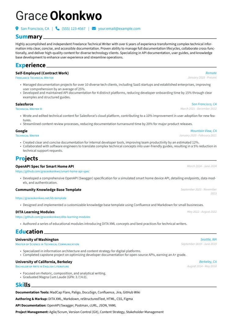 Freelance Technical Writer Resume Example CV template preview