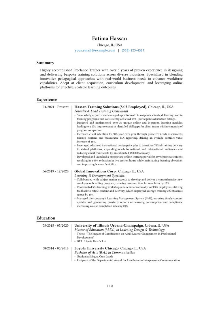 Freelance Trainer Resume Example CV template preview