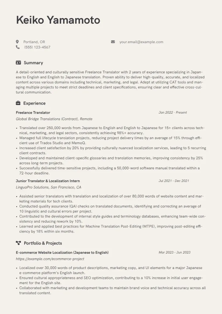 Freelance Translator Resume Example CV template preview