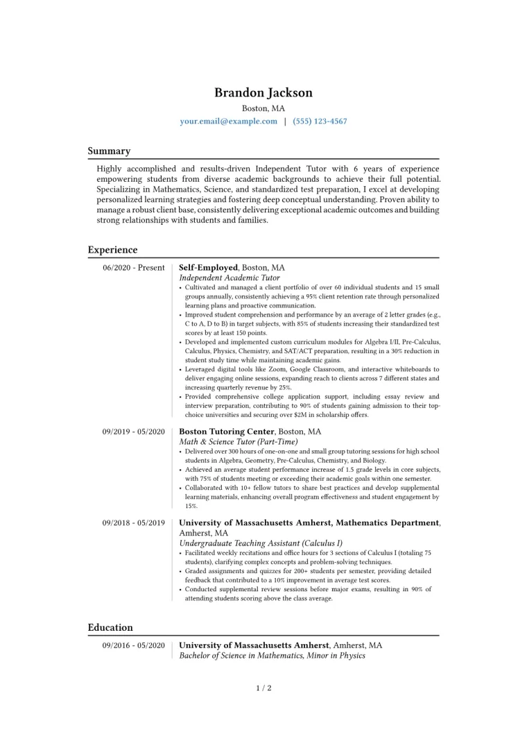 Freelance Tutor Resume Example preview