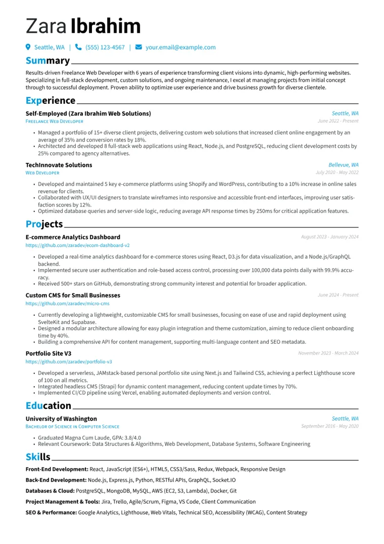Freelance Web Developer Resume Example CV template preview