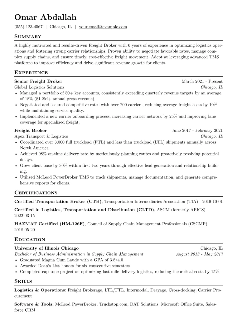 Freight Broker Resume Example CV template preview