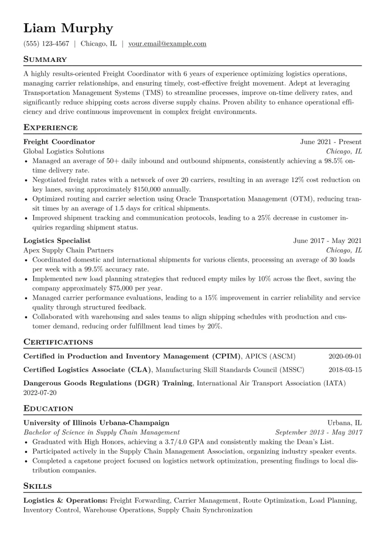 Freight Coordinator Resume Example CV template preview