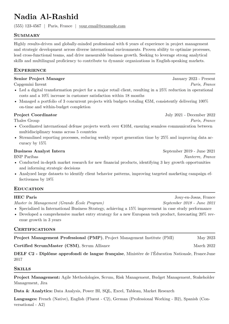 French CV in English Example preview