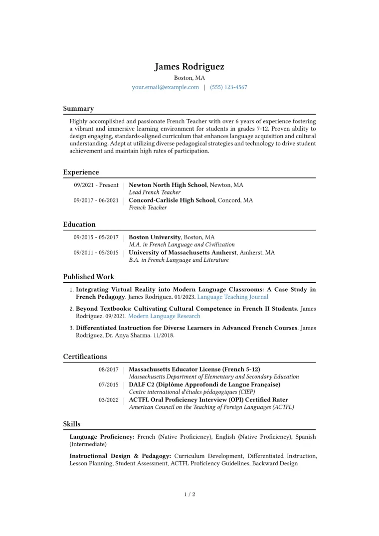 French Teacher Resume Example CV template preview