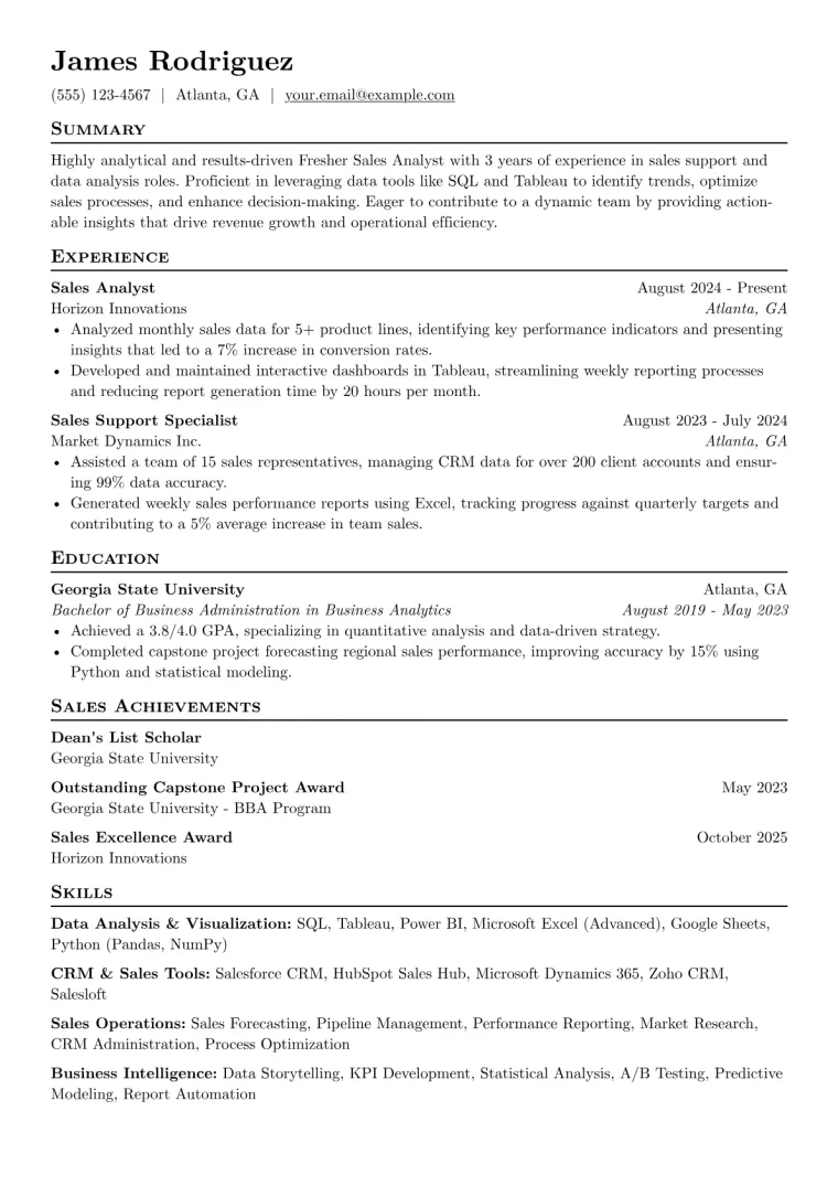 Fresher Sales Analyst Resume Example CV template preview