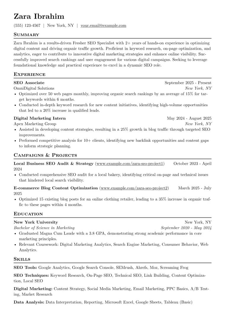 Fresher SEO Specialist Resume Example CV template preview
