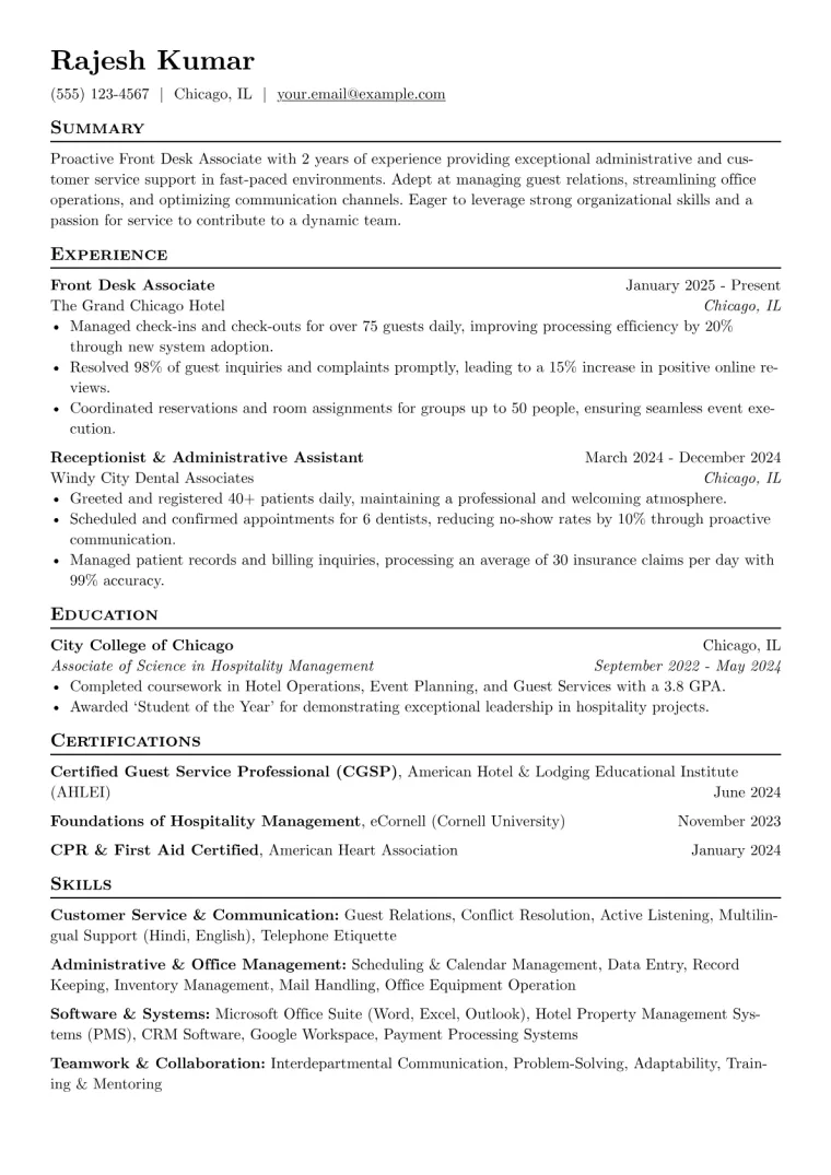 Front Desk Associate Resume Example preview
