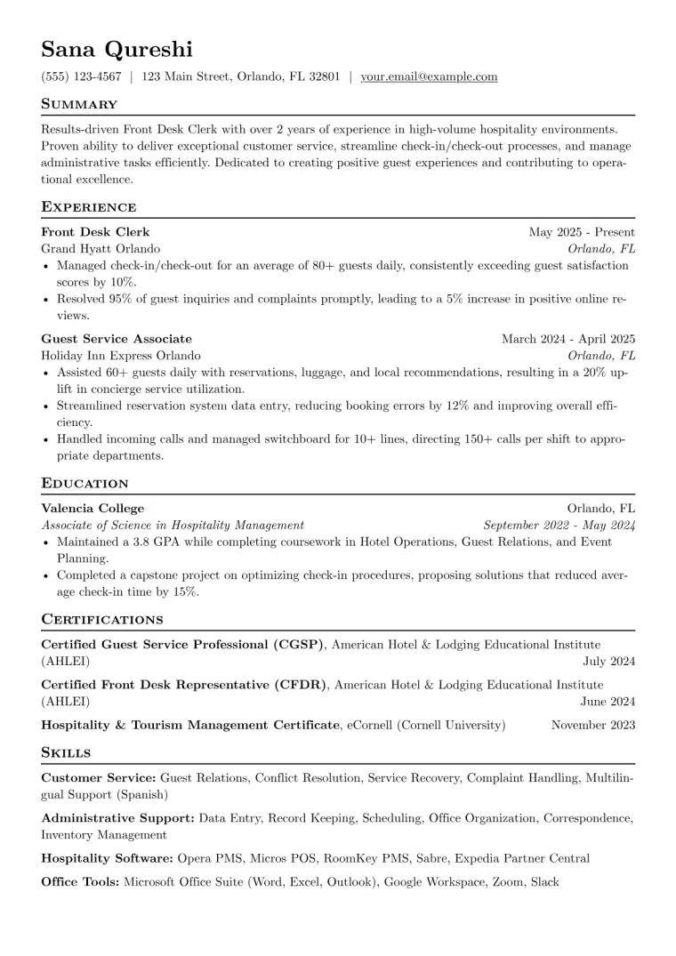 Front Desk Clerk Resume Example preview