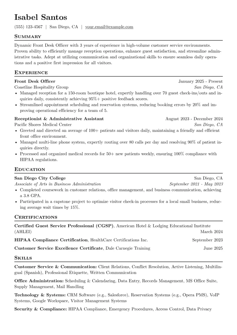 Front Desk Officer Resume Example CV template preview