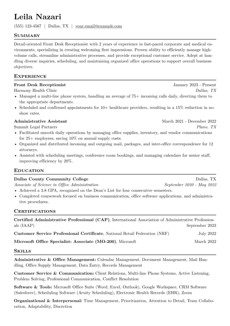 Front Desk Receptionist Resume Example CV template preview