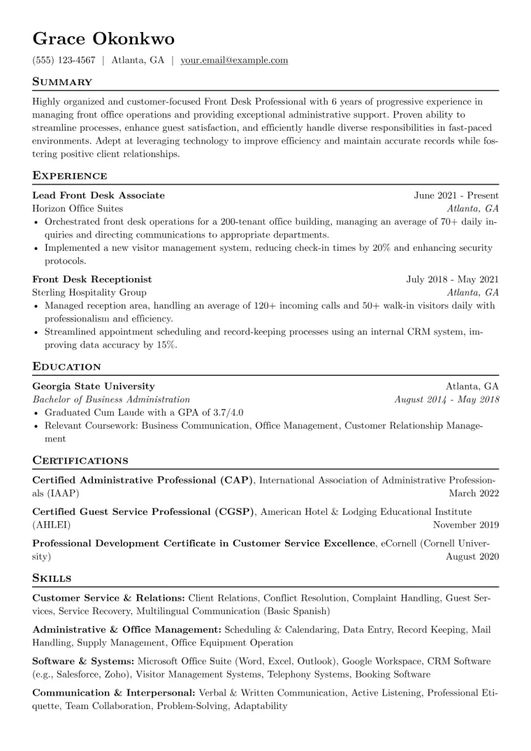 Front Desk Resume Example CV template preview
