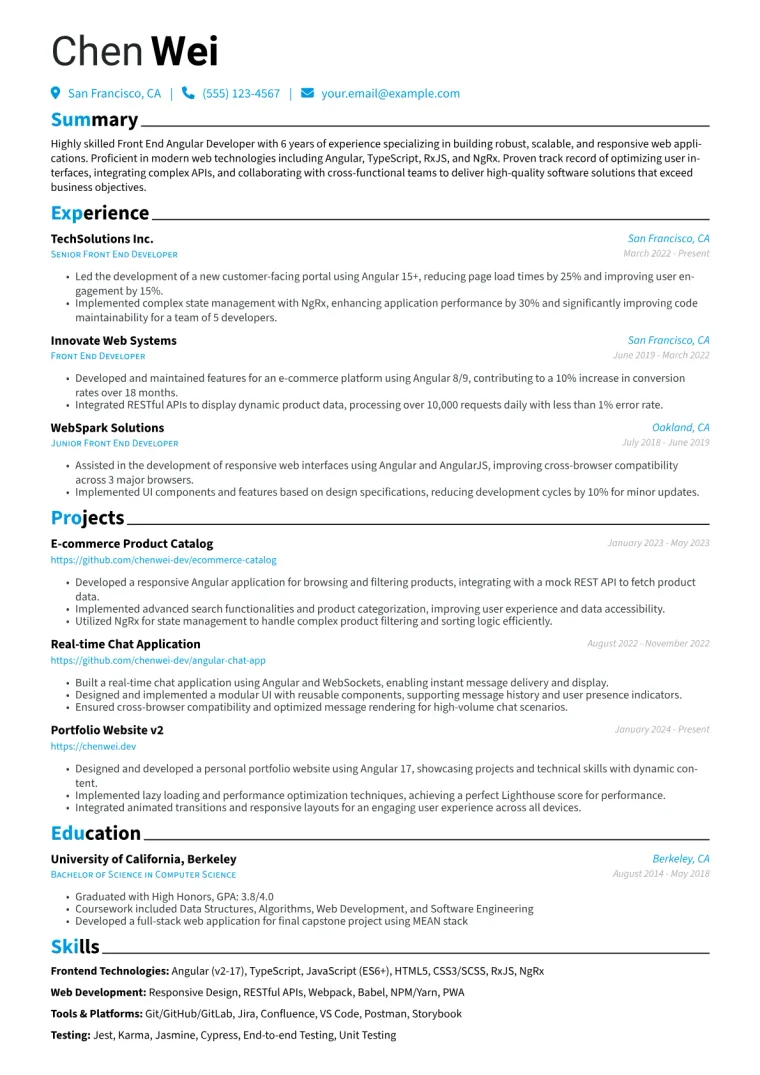 Front End Angular Developer Resume Example CV template preview