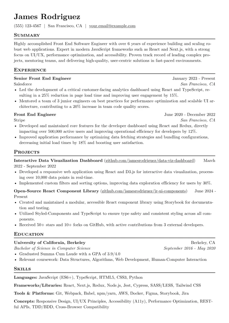 Front End Software Engineer Resume Example CV template preview