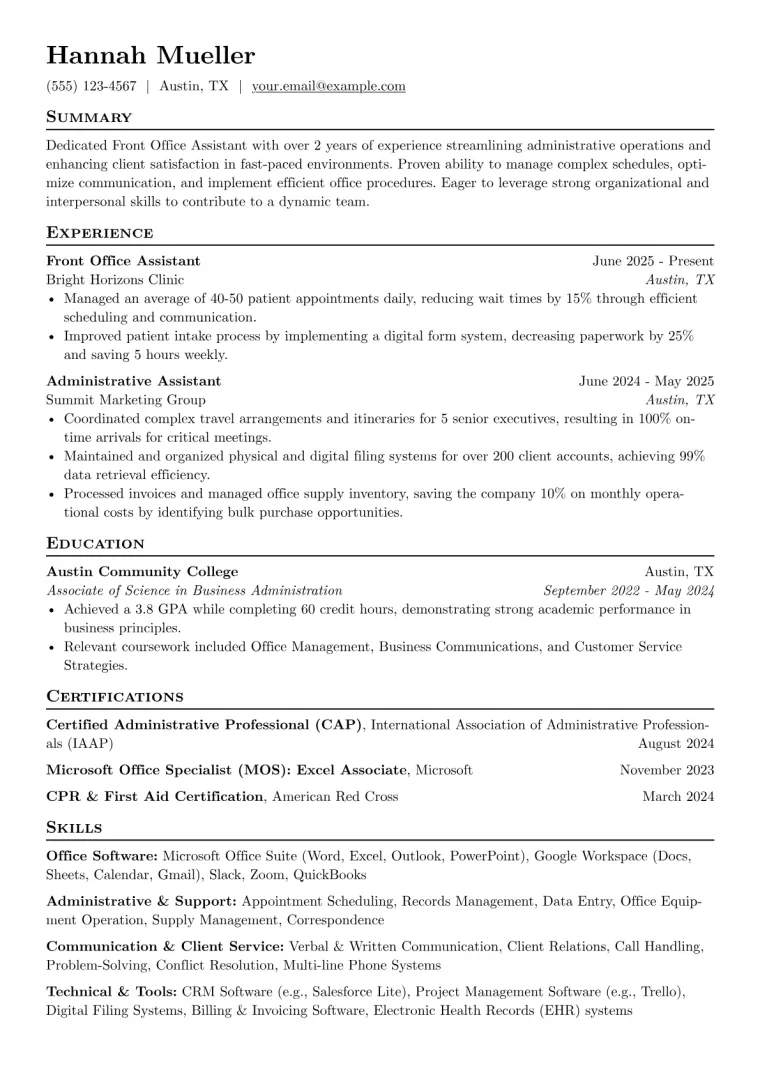 Front Office Assistant Resume Example CV template preview