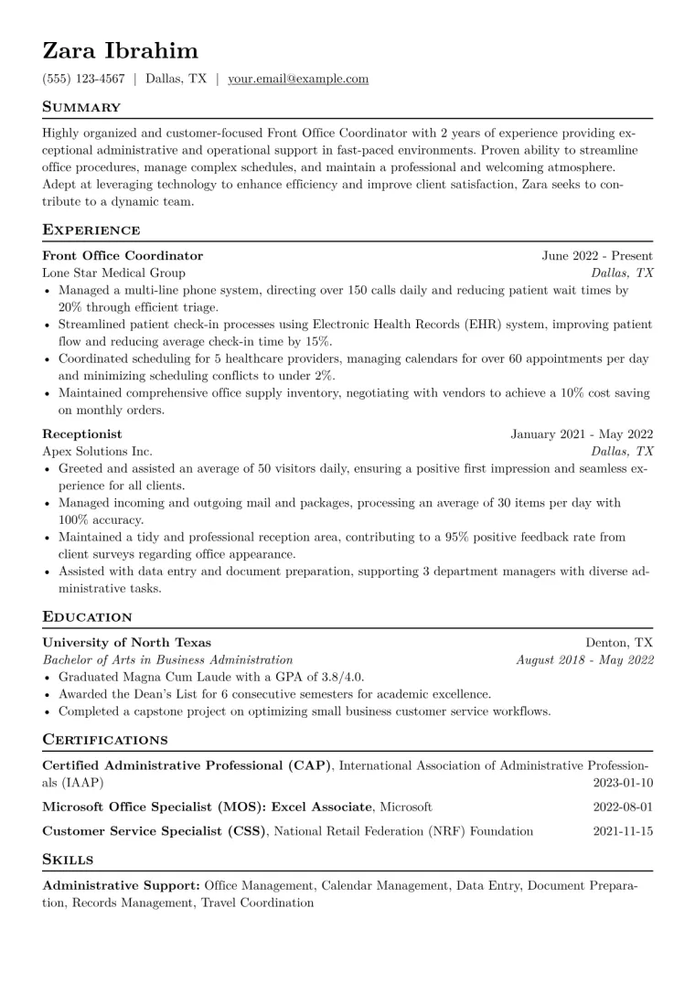 Front Office Coordinator Resume Example CV template preview