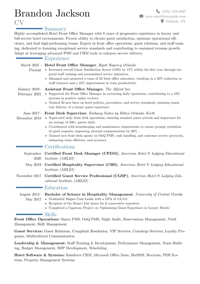 Hotel Front Office Manager Resume Example CV template preview