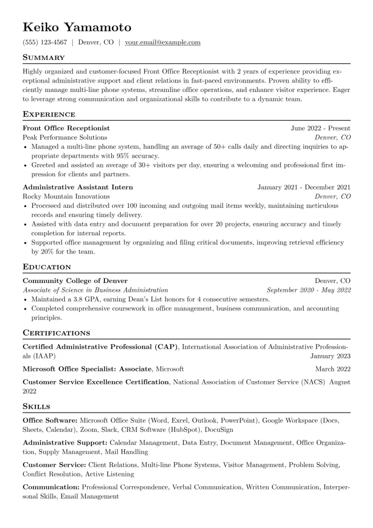 Front Office Receptionist Resume Example CV template preview